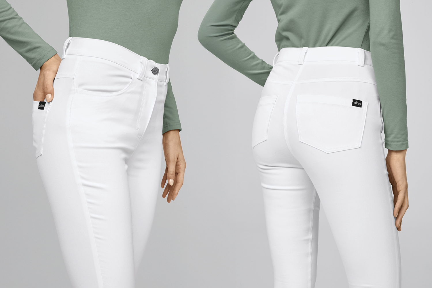 seitlicher Blick und Blick von hinten auf eine weiße Stretchhose von 7days